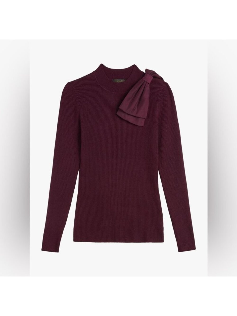 Ted Baker Plum Ribbed Mock Neck Sweater with Shoulder Bow